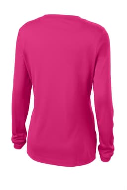 A pink long sleeve women's t-shirt featuring a v-neck design and a logo on the back.