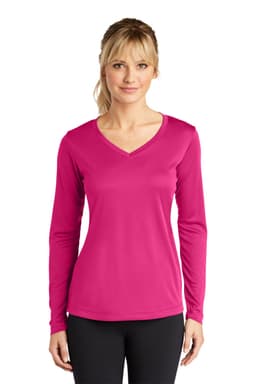 A pink long sleeve V-neck tee for women with a fitted design and a logo on the upper left.