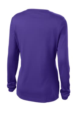 A purple long sleeve tee featuring a V-neck design and a logo on the back, made from lightweight fabric.