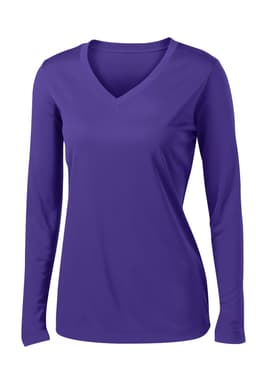 A purple long sleeve V-neck tee featuring a fitted design and a logo on the front.