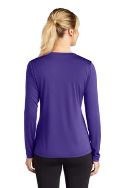 A purple long sleeve ladies' V-neck tee, featuring a smooth texture and fitted design, with a logo on the back.