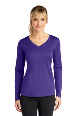 A purple long sleeve v-neck tee for ladies, designed with a fitted silhouette and featuring a logo.