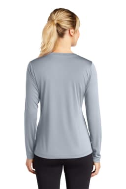 A grey long sleeve v-neck tee for ladies, featuring a smooth, athletic fit and a back view.