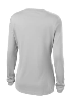 A grey long sleeve PosiCharge V-neck tee for ladies, featuring a simple design and rear view.