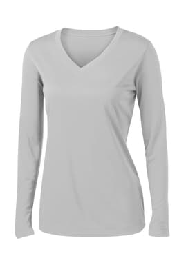 A light grey long sleeve v-neck tee for ladies, featuring a simple design and a brand logo.