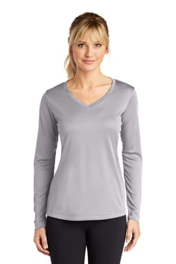 A grey long sleeve V-neck tee for ladies, featuring a fitted design and a logo. Suitable for active wear.