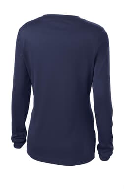 A navy long sleeve V-neck tee for ladies, featuring a back view and a simple design, with a logo present.