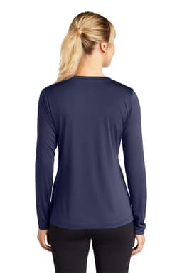 A navy long sleeve women's V-neck tee, featuring a fitted design and a logo on the back.