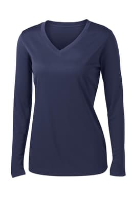A navy long sleeve V-neck t-shirt with a fitted silhouette and a logo. Suitable for casual or sporty occasions.