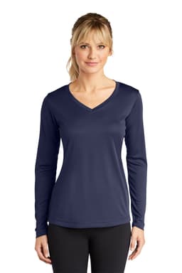 A navy long sleeve v-neck tee designed for ladies, featuring a fitted style with a logo.
