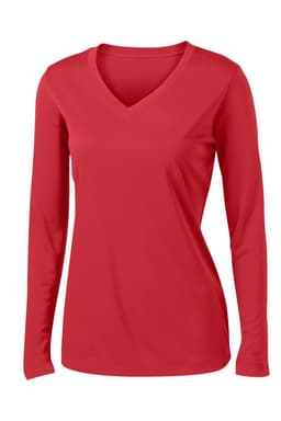 A red long sleeve V-neck tee for ladies, featuring a sleek design and logo. Suitable for casual wear.