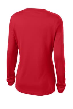 A red long sleeve v-neck tee with a smooth finish and a logo on the back. Ideal for casual wear.