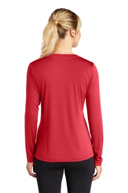 A red long sleeve v-neck tee for ladies, designed with a smooth fabric and a fitted style, featuring a logo.