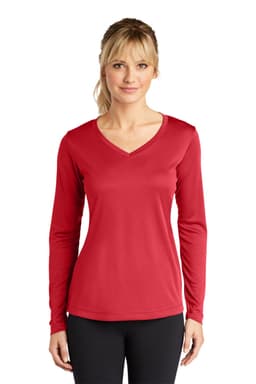 A red long sleeve women's V-neck tee made of lightweight fabric. It features a logo on the chest area.