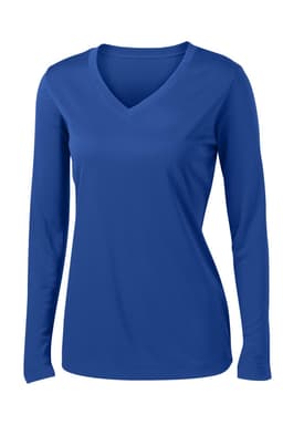 A blue long sleeve V-neck tee for ladies featuring a fitted design and a logo.