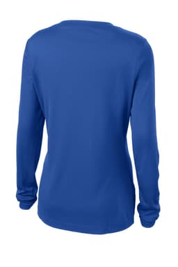A blue long sleeve v-neck tee for ladies with a smooth finish and a logo on the back.