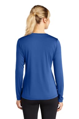 A blue long sleeve V-neck tee for women, featuring a smooth back design and a logo on the side.