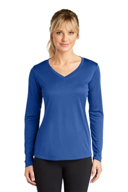 A blue long sleeve V-neck tee designed for ladies, featuring a fitted style and a logo on the chest.