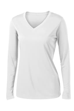 A white long sleeve V-neck tee with a fitted style and a logo on the front.