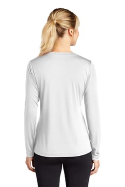 A long-sleeve white v-neck tee designed for ladies, featuring a logo on the back.