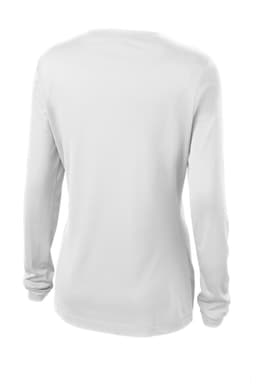 A white long sleeve v-neck tee for ladies with a logo on the back.