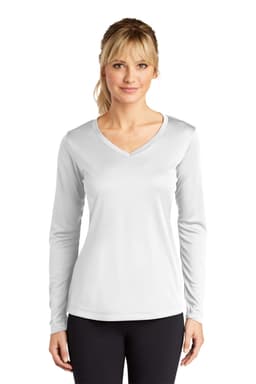 A light grey long sleeve v-neck tee for ladies, featuring a fitted design and a logo on the front.
