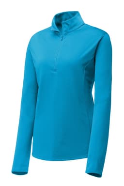 A blue ladies' pullover with a quarter-zip collar and long sleeves. It features a logo.
