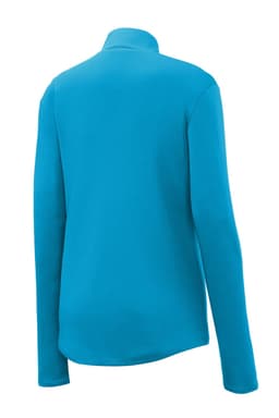 A blue Sport-Tek Ladies PosiCharge Competitor 1/4-Zip Pullover, featuring long sleeves and a collar, with a logo.