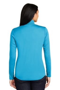 A bright turquoise ladies' pullover with a 1/4-zip and long sleeves. Features a logo on the back.