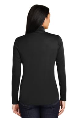 A black Sport-Tek Ladies PosiCharge Competitor 1/4-Zip Pullover with long sleeves and a high collar. Features a logo.