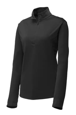 A black Sport-Tek Ladies PosiCharge Competitor 1/4-Zip Pullover featuring long sleeves and a stand-up collar, with a logo.