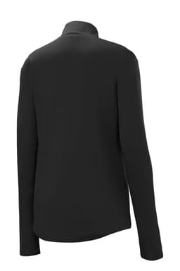 A black long-sleeve ladies' pullover with a 1/4 zip, featuring a logo on the back.