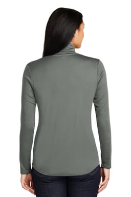 A grey Sport-Tek Ladies PosiCharge Competitor 1/4-Zip Pullover with a fitted design and long sleeves.