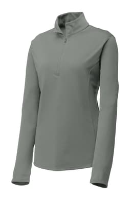 A grey Sport-Tek Ladies PosiCharge Competitor 1/4-Zip Pullover with long sleeves and a zip collar.