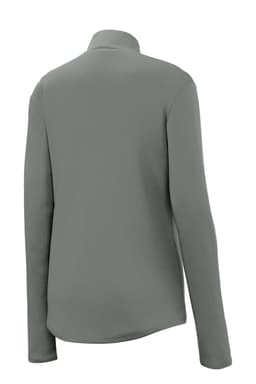 A grey Sport-Tek Ladies PosiCharge Competitor 1/4-Zip Pullover with long sleeves and a collar, featuring a logo.