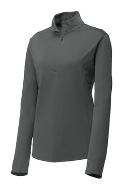 A grey Sport-Tek Ladies PosiCharge Competitor 1/4-Zip Pullover featuring long sleeves and a zippered collar.