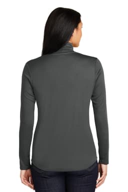 A back view of a dark grey Sport-Tek Ladies PosiCharge Competitor 1/4-Zip Pullover featuring a fitted design.