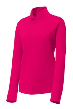 A pink 1/4-zip pullover for ladies, ideal for sports, featuring long sleeves and a simple design with a logo.
