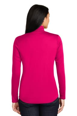 A pink women's pullover with a 1/4-zip design and a logo on the back.