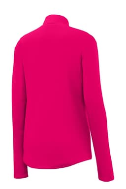 A vibrant pink Sport-Tek ladies 1/4-zip pullover with long sleeves and a smooth finish, featuring a branding logo.