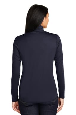 A navy blue Sport-Tek Ladies PosiCharge Competitor 1/4-Zip Pullover featuring a branded logo on the back.