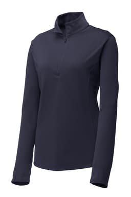 A navy blue ladies' pullover featuring a quarter-zip design and long sleeves, including a logo.