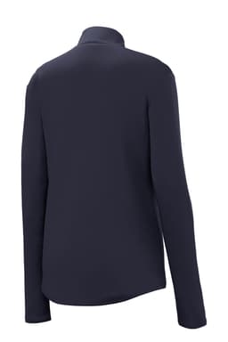 A navy pullover with a 1/4 zip and long sleeves, featuring a logo on the back.