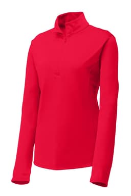 A red women's 1/4-zip pullover featuring long sleeves and a simple design, with a logo on it.