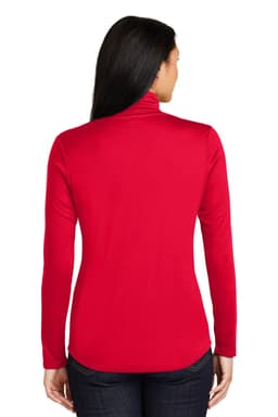 A red Sport-Tek Ladies PosiCharge Competitor 1/4-Zip Pullover featuring a back view. The pullover has a logo.