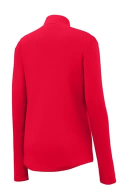 A red Sport-Tek Ladies PosiCharge Competitor 1/4-Zip Pullover featuring long sleeves and a collar. It has a logo.