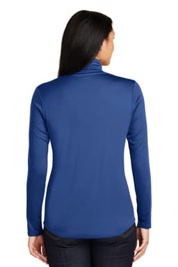 A blue long-sleeve pullover with a quarter-zip neckline and a back view. It features a logo on the side.