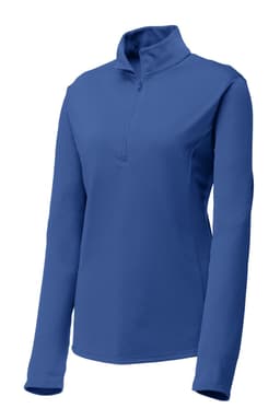 A blue Sport-Tek Ladies PosiCharge Competitor 1/4-Zip Pullover with a stand-up collar and long sleeves.