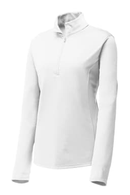 A white Sport-Tek Ladies PosiCharge Competitor 1/4-Zip Pullover featuring a collar and long sleeves. It has a logo.