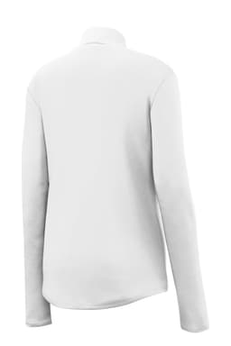 A white long-sleeved pullover with a 1/4 zip and a logo on the back. Suitable for ladies.